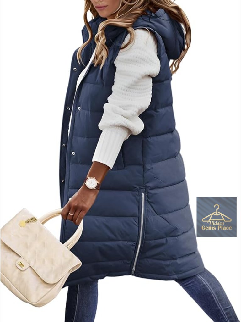 Long Puffer Vest Women Sleeveless Puffy Jacket Hood Zip Up Quilted Plus Size